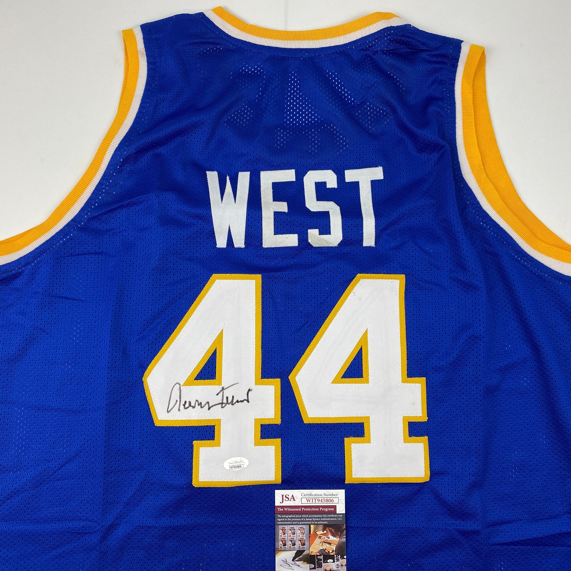 Autographed/Signed Jerry West West Virginia Blue College Basketball Jersey JSA COA - Sport Cards