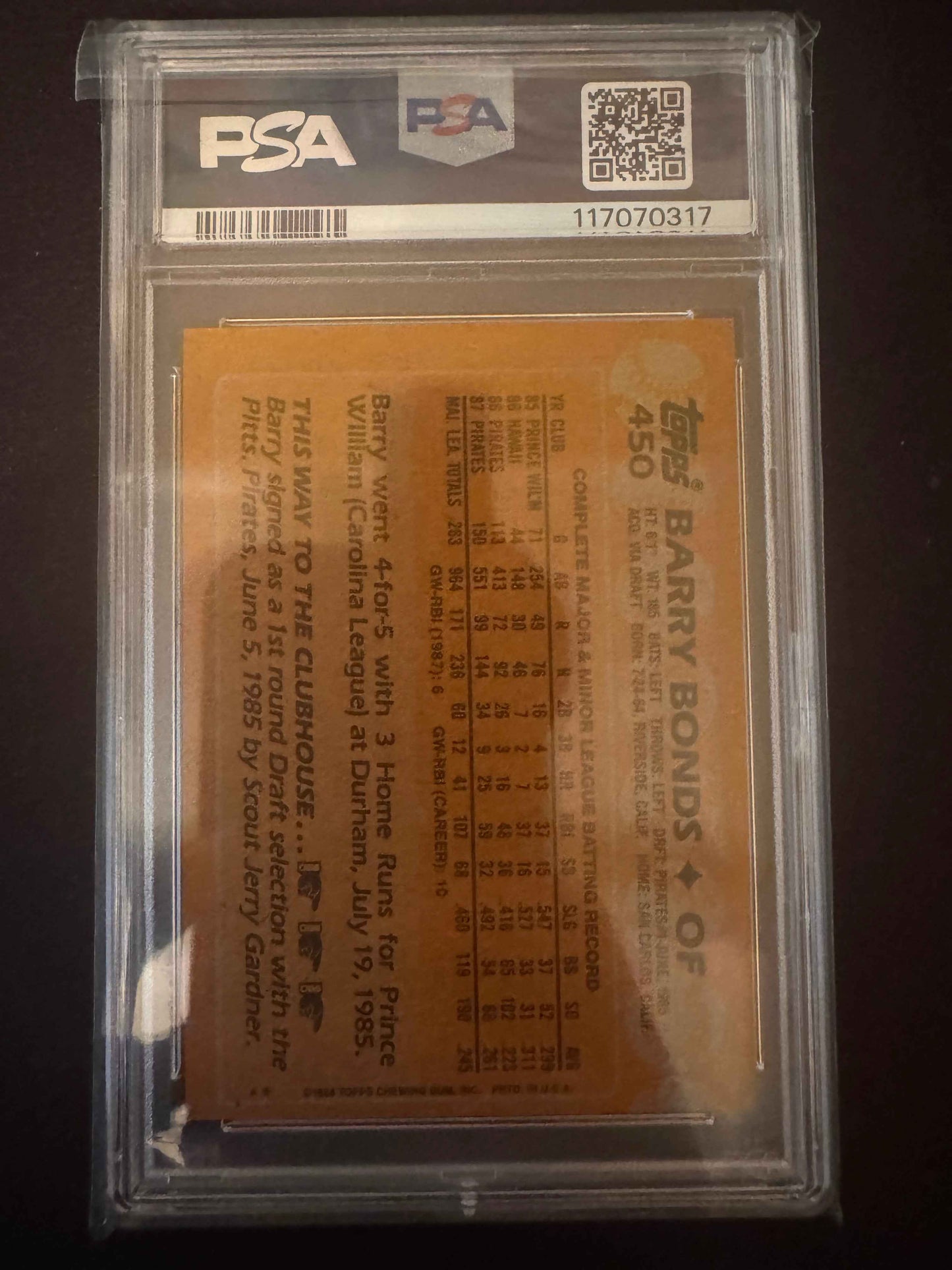 1988 Topps #450 Barry Bonds PSA 8 Card