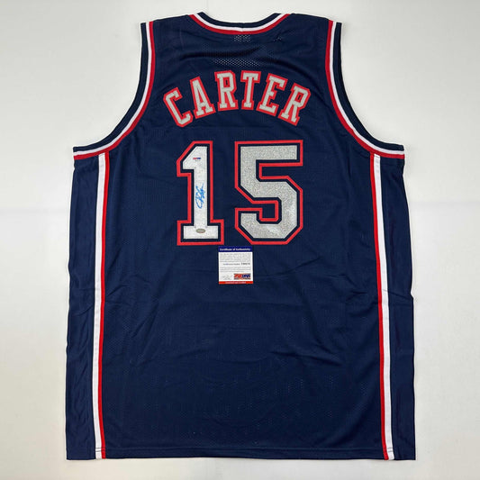 Autographed/Signed Vince Carter New Jersey NJ Navy Blue Basketball Jersey PSA/DNA COA - Sport Cards