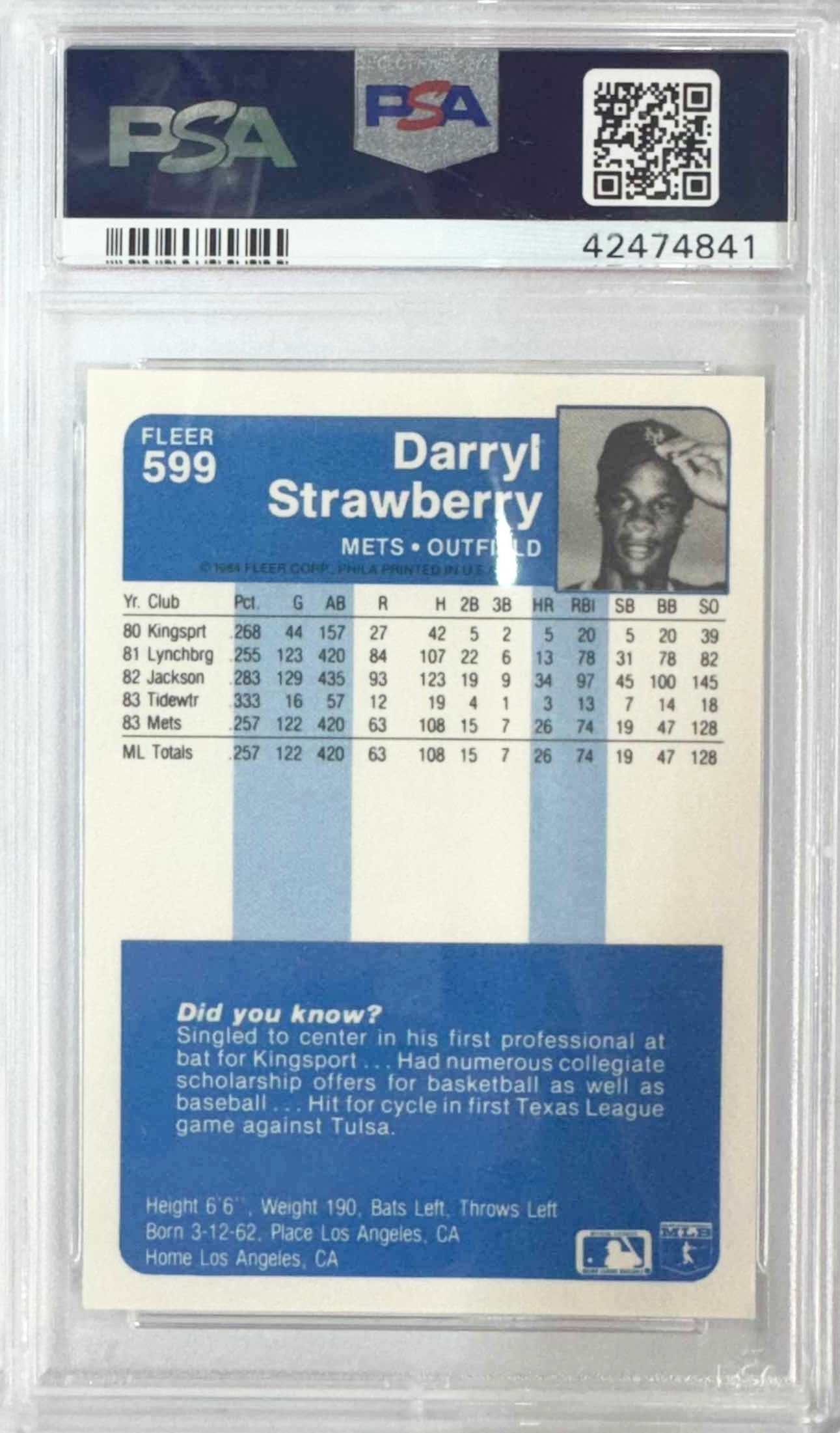 Graded 1984 Fleer Darryl Strawberry #599 Rookie RC Baseball Card PSA 10 Gem Mint
