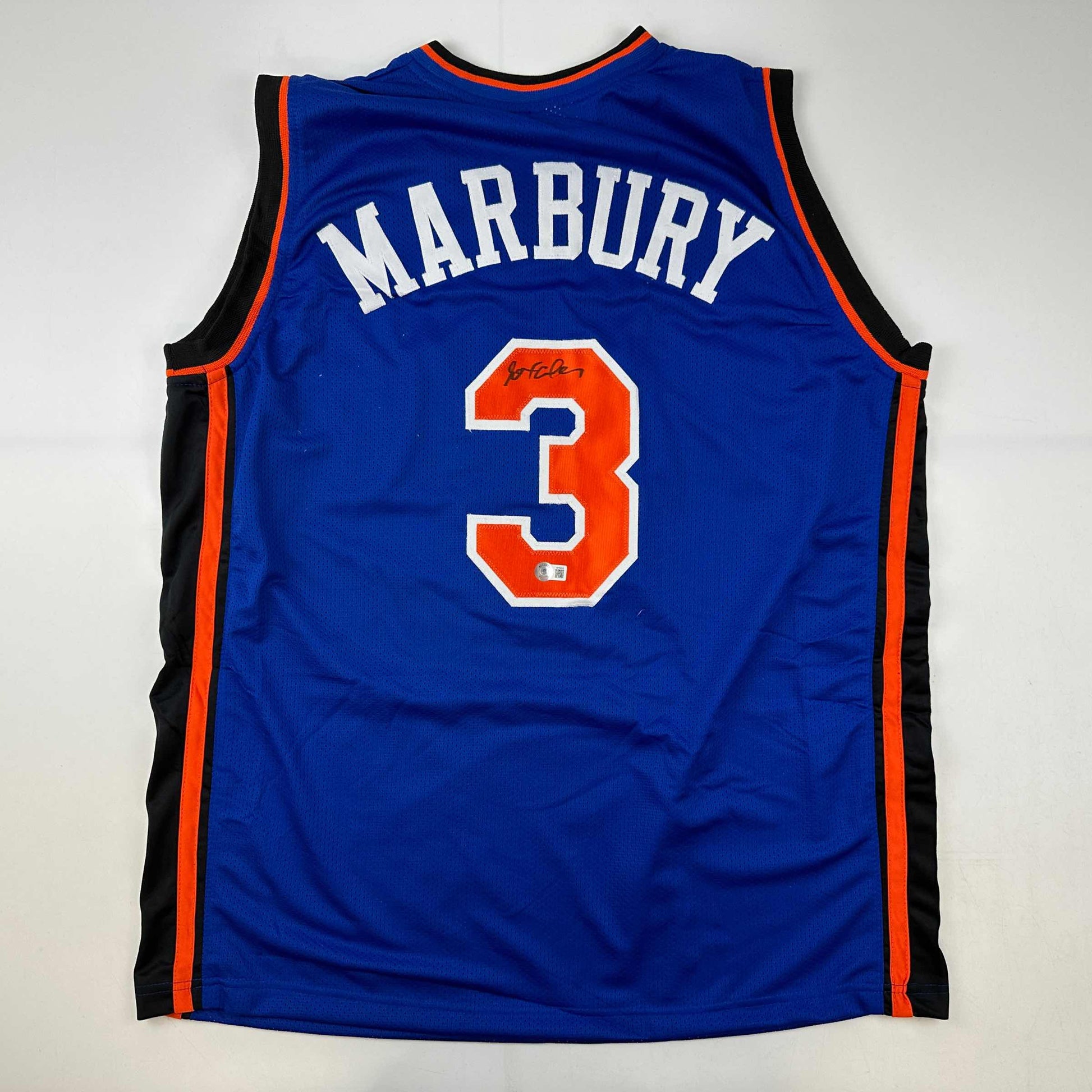 Autographed/Signed Stephon Marbury New York Blue Basketball Jersey Beckett BAS COA - Sport Cards