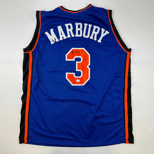 Autographed/Signed Stephon Marbury New York Blue Basketball Jersey Beckett BAS COA - Sport Cards