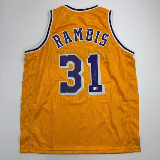Autographed/Signed Kurt Rambis Los Angeles LA Yellow Basketball Jersey Beckett BAS COA - Sport Cards