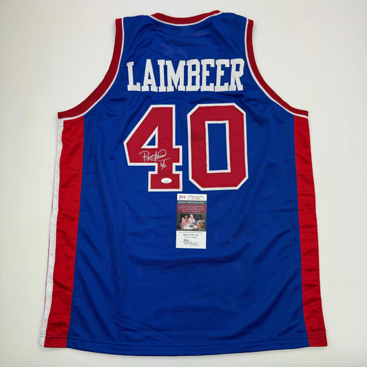 Autographed/Signed Bill Laimbeer Detroit Blue Basketball Jersey JSA COA - Sport Cards