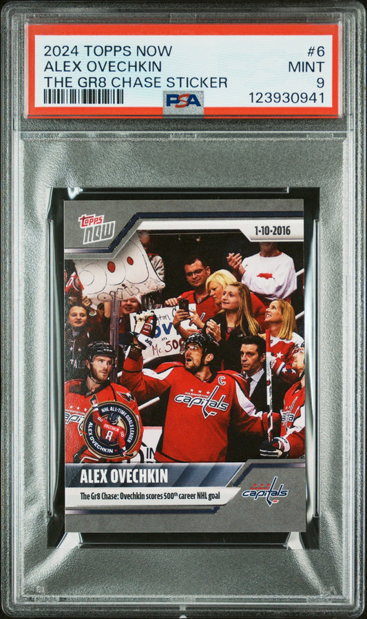Graded 2024 Topps Now Alex Ovechkin #6 The GR8 Chase Sticker Hockey Card PSA 9 Mint