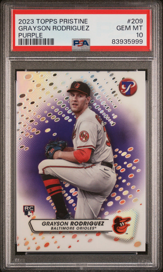 Graded 2023 Topps Pristine Grayson Rodriguez #209 Purple #/99 Rookie RC Baseball Card PSA 10 Gem Mint