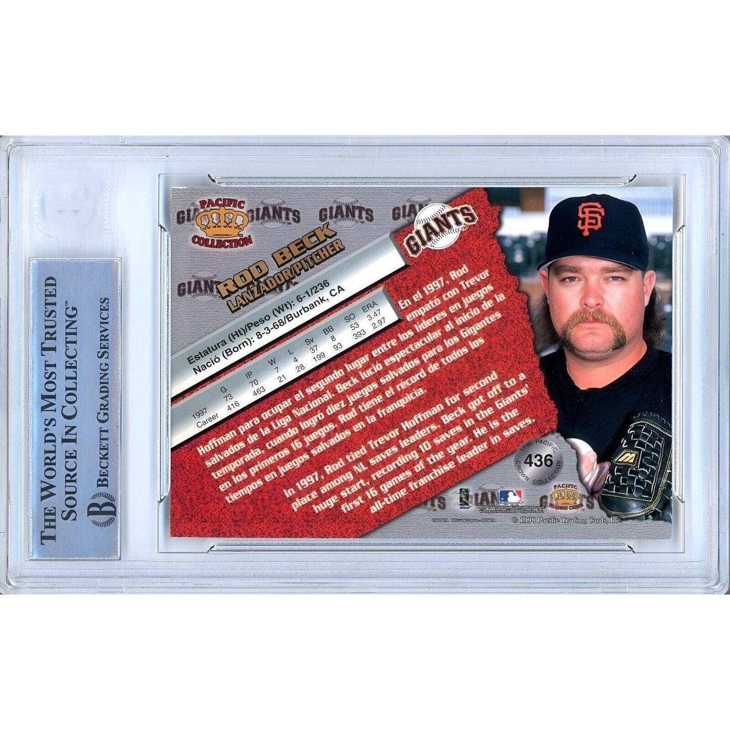 Rod Beck San Francisco Giants Signed 1998 Pacific Card Beckett Authentic Auto Slab SF