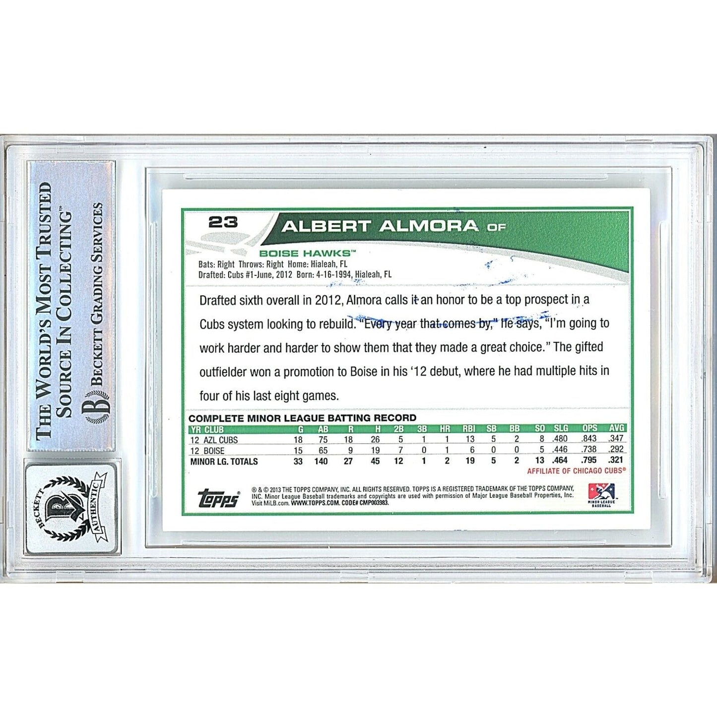 2013 Topps Pro Debut #23 — Albert Almora Chicago Cubs Autographed Trading Card — Beckett Authentication