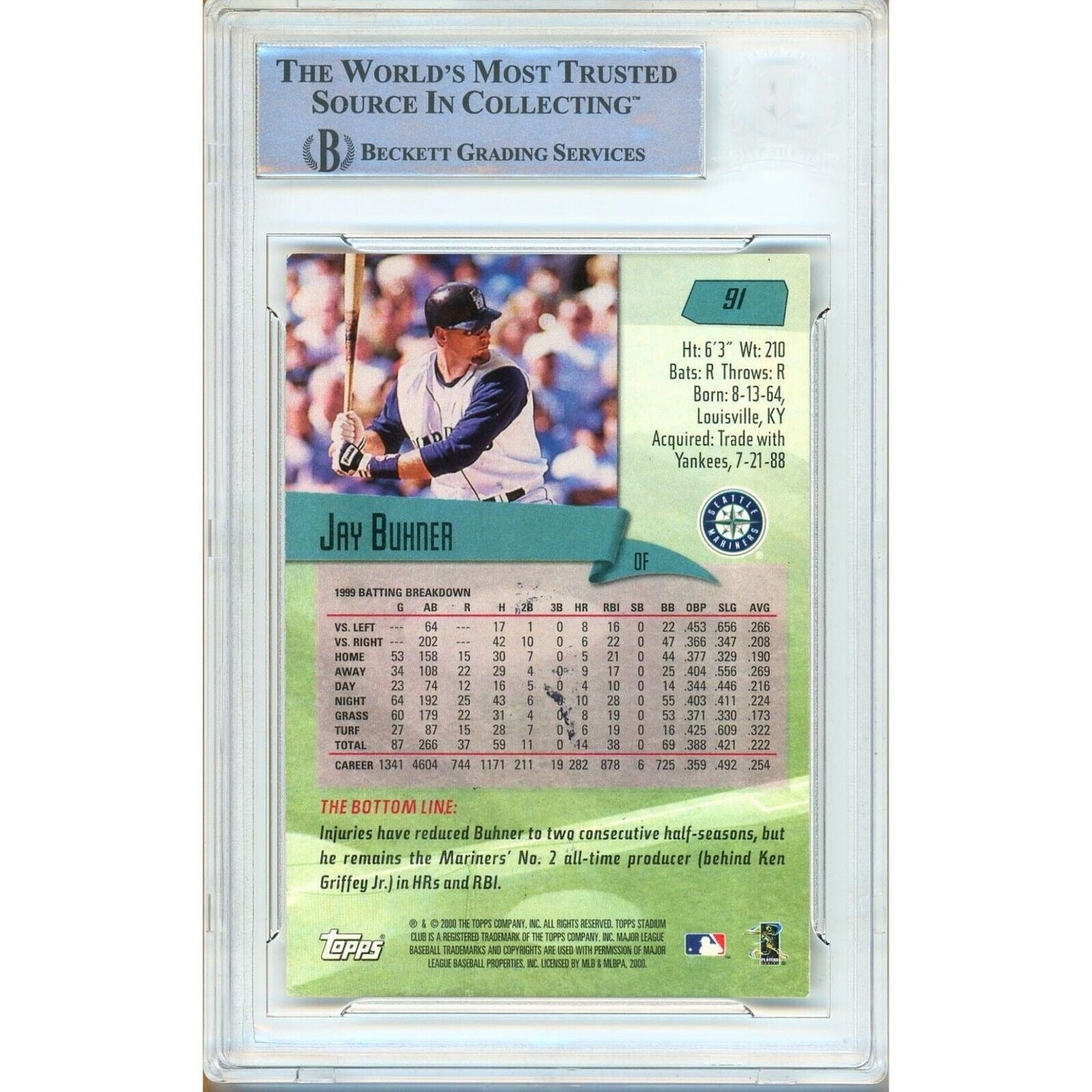 2000 Topps Stadium Club # 91 — Jay Buhner Seattle Mariners Autographed Trading Card Beckett Authentication