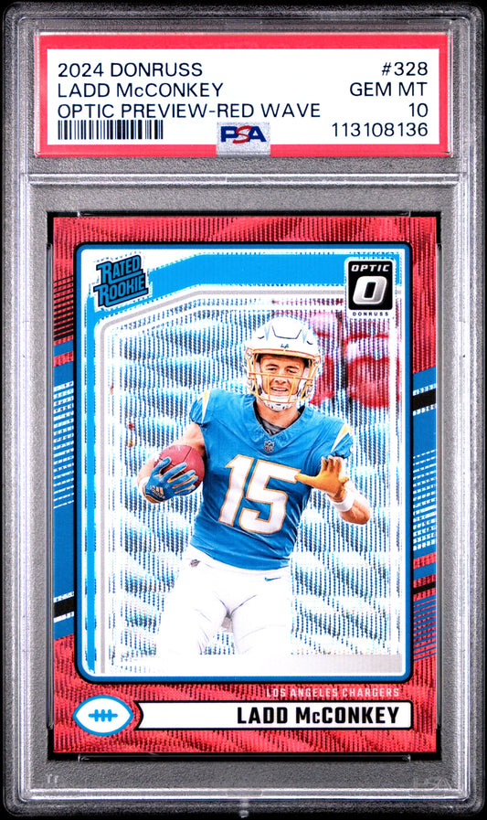 Graded 2024 Panini Donruss Ladd McConkey #328 Optic Preview Red Wave Rookie RC Football Card PSA 10 Gem Mint