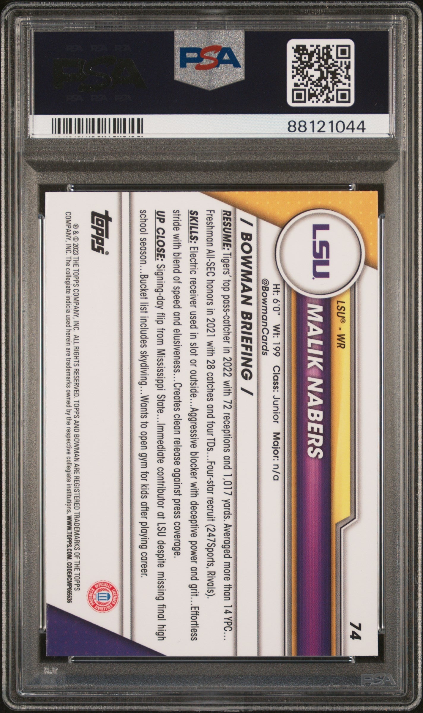 Graded 2023 Topps Bowman U Chrome Malik Nabers #74 Purple Shimmer Rookie RC Football Card PSA 10 Gem Mint