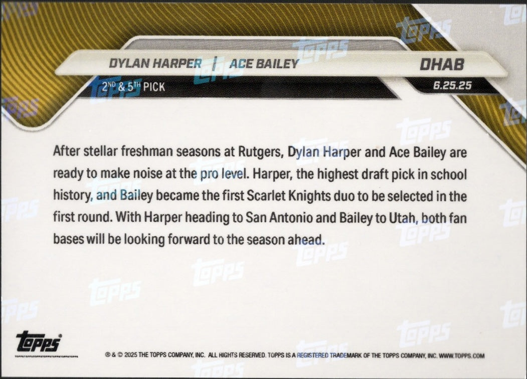 2025 Topps Now Dylan Harper/Ace Bailey #DHAB Blue Foil /75 Rookie RC Basketball Card - Sport Cards