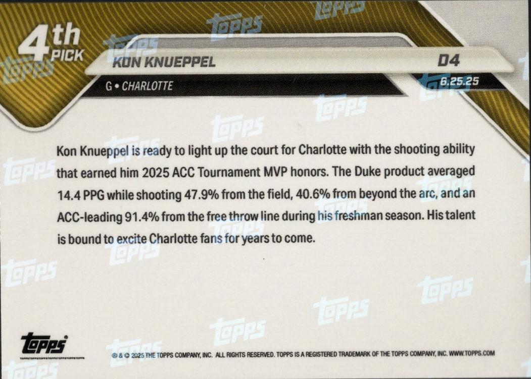 2025 Topps Now Kon Knueppel #D4 Gold Foil /50 Charlotte Hornets Rookie RC Basketball Card