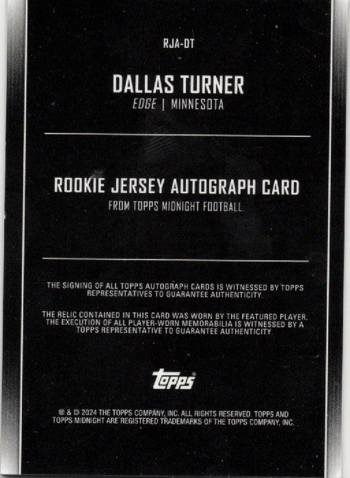 2024 Topps Midnight Dallas Turner #RJADT Rookie Jersey Autograph /50 Minnesota Vikings Rookie RC Football Card
