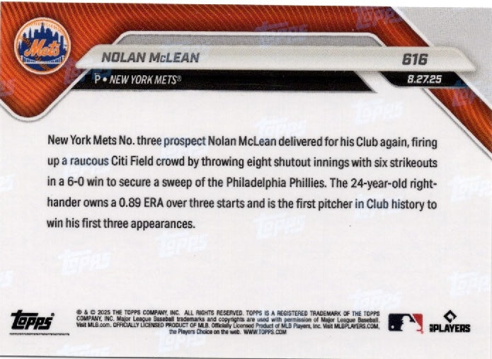 2025 Topps Now Nolan McLean #616 Orange Foil /25 New York Mets Rookie RC Baseball Card