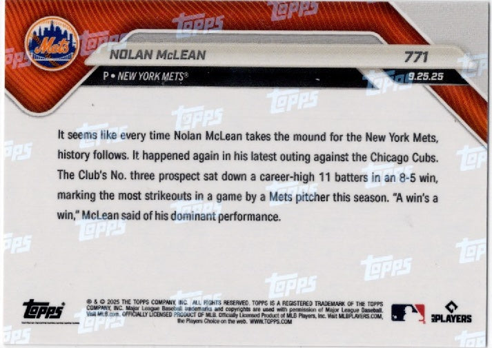 2025 Topps Now Nolan McLean #771 Orange Foil /25 New York Mets Rookie RC Baseball Card