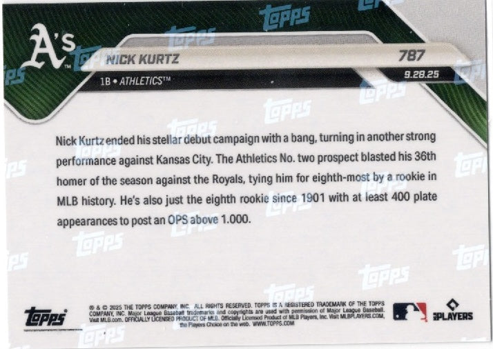 2025 Topps Now Nick Kurtz #787 Orange Foil /25 Athletics Rookie RC Baseball Card
