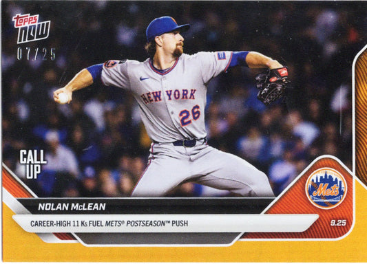 2025 Topps Now Nolan McLean #771 Orange Foil /25 New York Mets Rookie RC Baseball Card