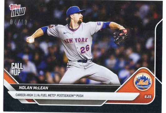 2025 Topps Now Nolan McLean #771 Black Foil /10 New York Mets Rookie RC Baseball Card