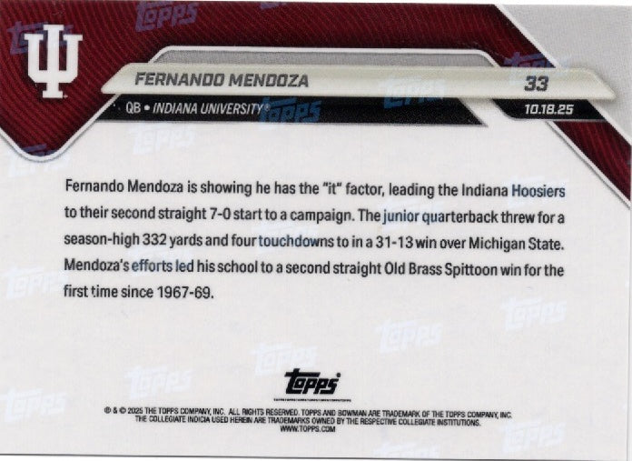 2025 Topps Bowman U Now Fernando Mendoza #33 Orange Foil /25 Indiana Hoosiers Rookie RC Football Card
