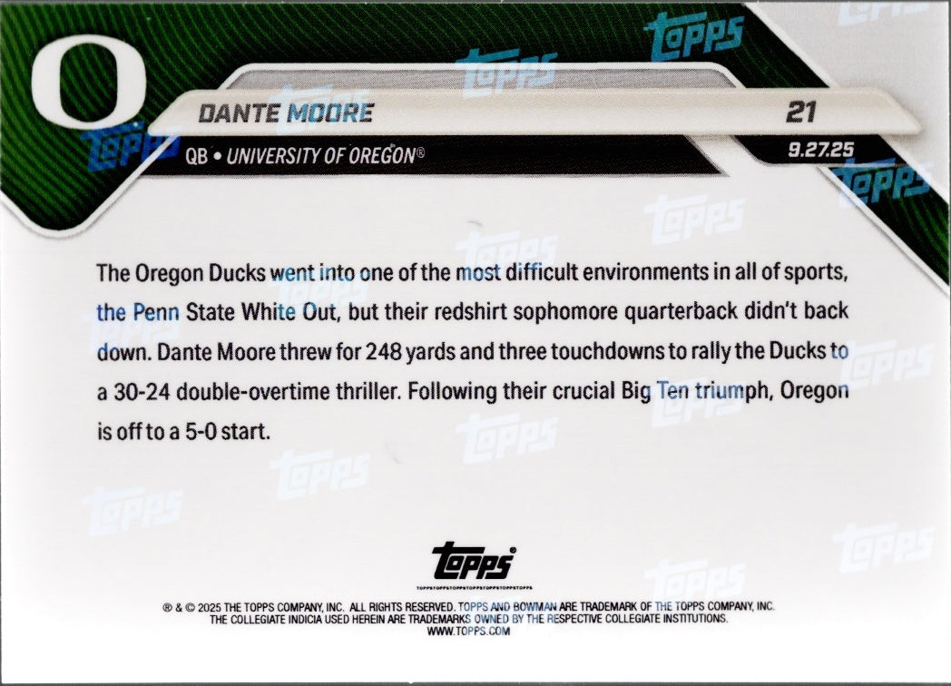 2025 Topps Bowman U Now Dante Moore #21 Gold Foil /50 Oregon Ducks Rookie RC Football Card