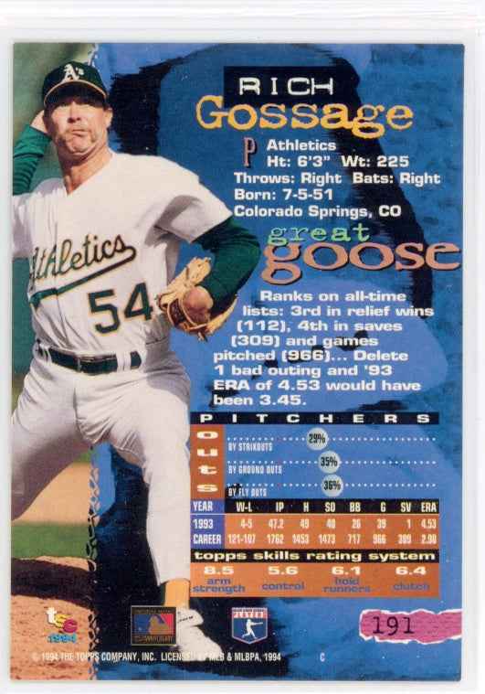 1994 Topps Stadium Club #191 Rich Gossage Card - Sport Cards