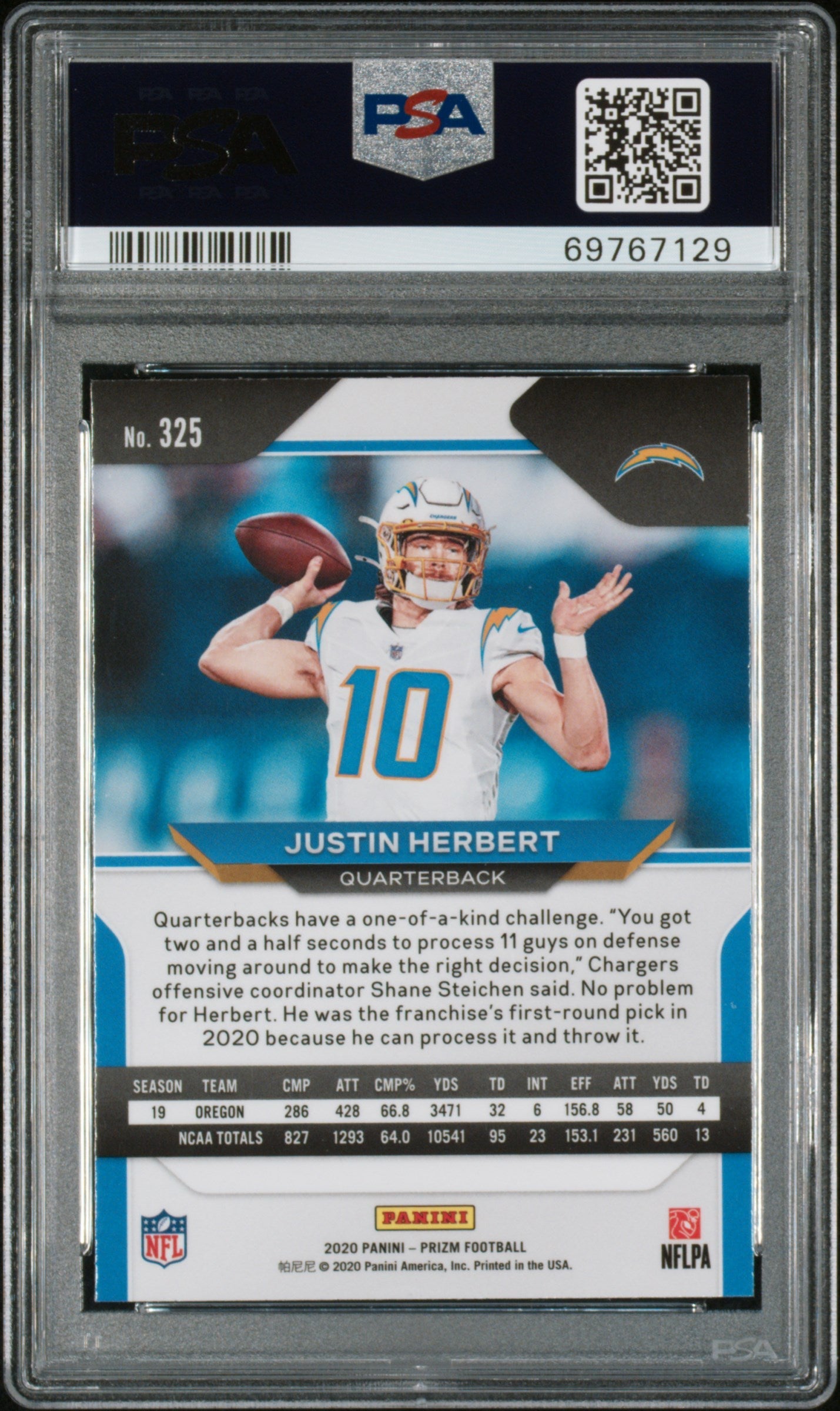 Graded 2020 Panini Prizm Justin Herbert #325 Rookie RC Football Card PSA 10 Gem Mint