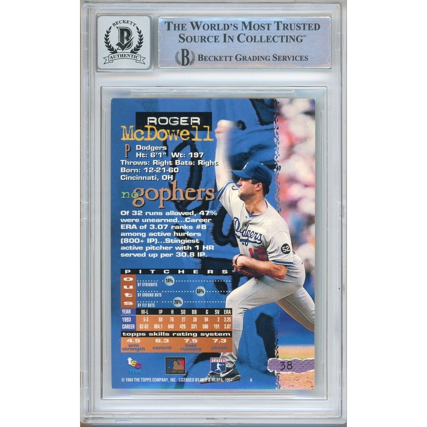 Roger McDowell Los Angeles Dodgers Signed 1994 Stadium Club Card BGS Auto 10 Graded