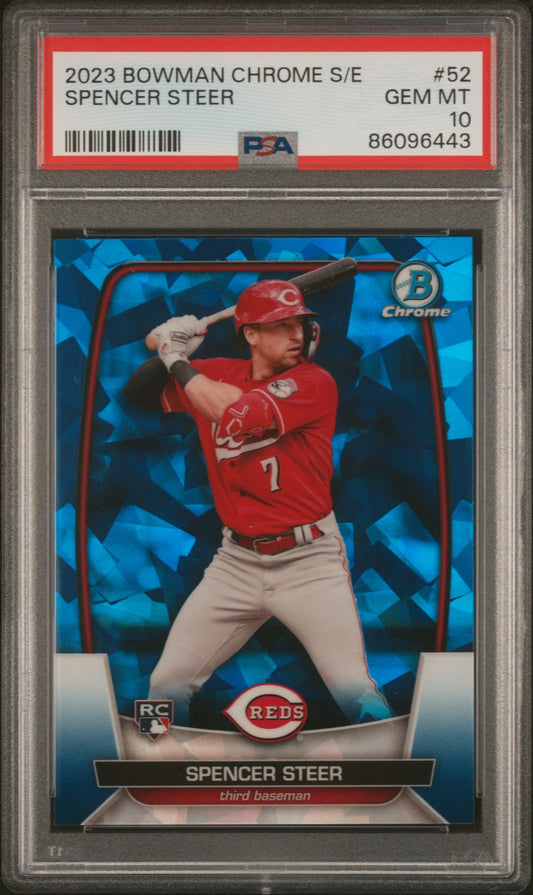Graded 2023 Topps Bowman Chrome Sapphire Edition Spencer Steer #52 Rookie RC Baseball Card PSA 10 Gem Mint