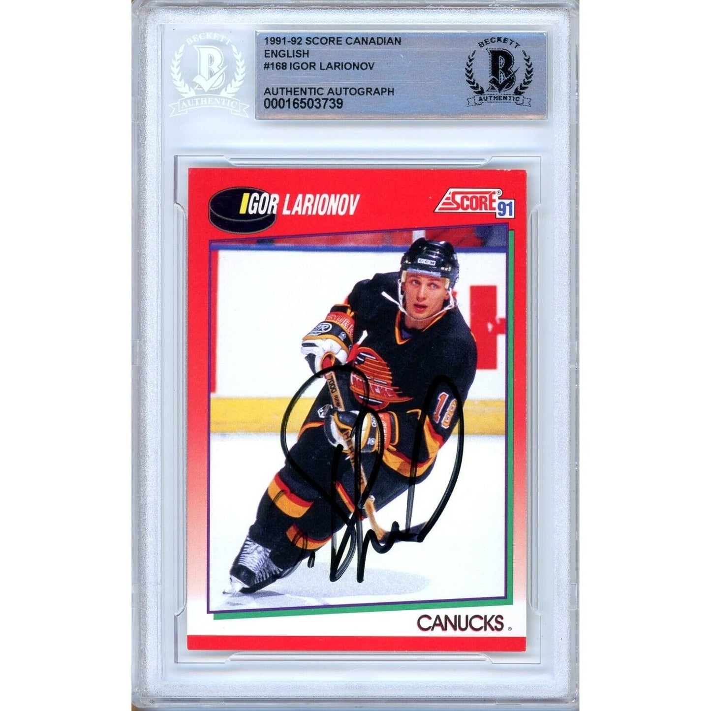 1991 Score #168 — Igor Larionov Vancouver Canucks Autographed Trading Card — Beckett Authentication