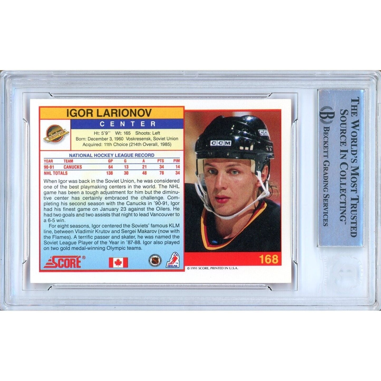 1991 Score #168 — Igor Larionov Vancouver Canucks Autographed Trading Card — Beckett Authentication
