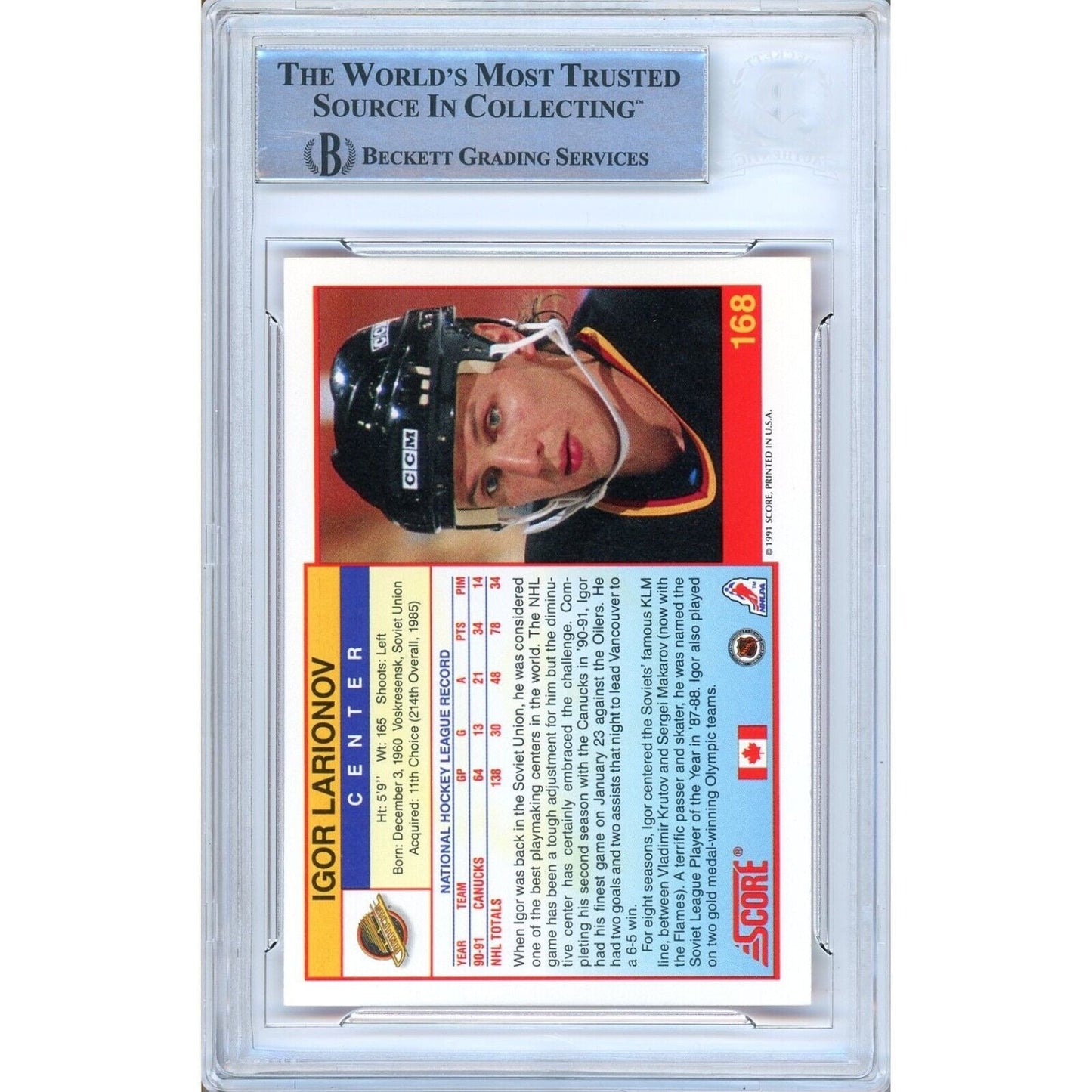 1991 Score #168 — Igor Larionov Vancouver Canucks Autographed Trading Card — Beckett Authentication