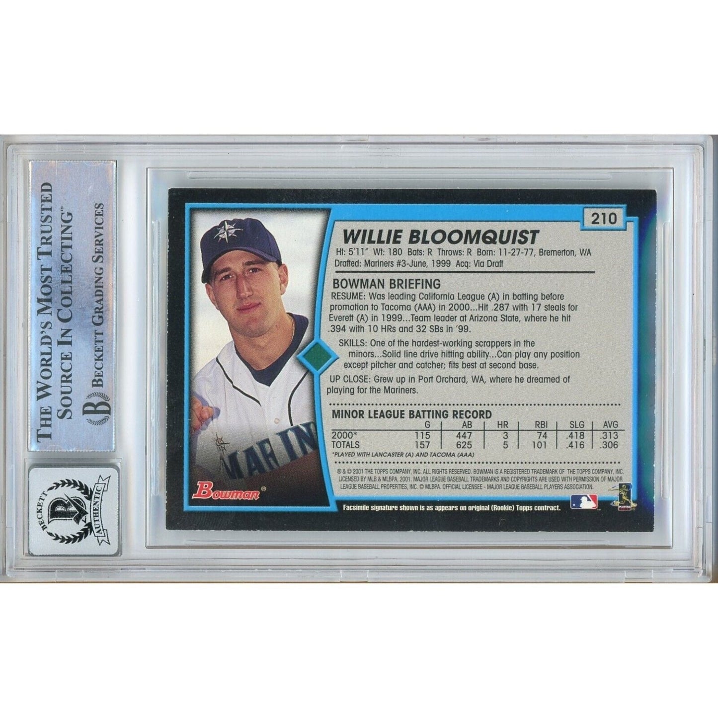 Willie Bloomquist Seattle Mariners Signed 2001 Bowman Card BGS Auto 10 Graded Slab