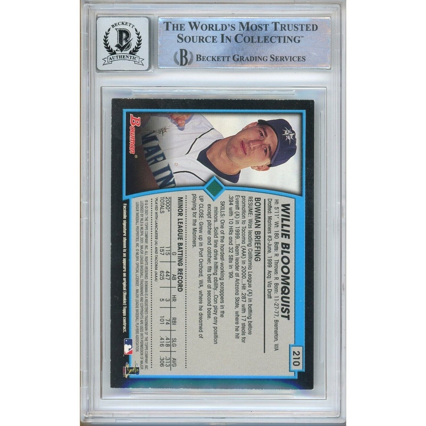 Willie Bloomquist Seattle Mariners Signed 2001 Bowman Card BGS Auto 10 Graded Slab