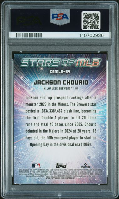 Graded 2024 Topps Stars of MLB Chrome Jackson Chourio #CSMLB84 Rookie RC Baseball Card PSA 10 Gem Mint