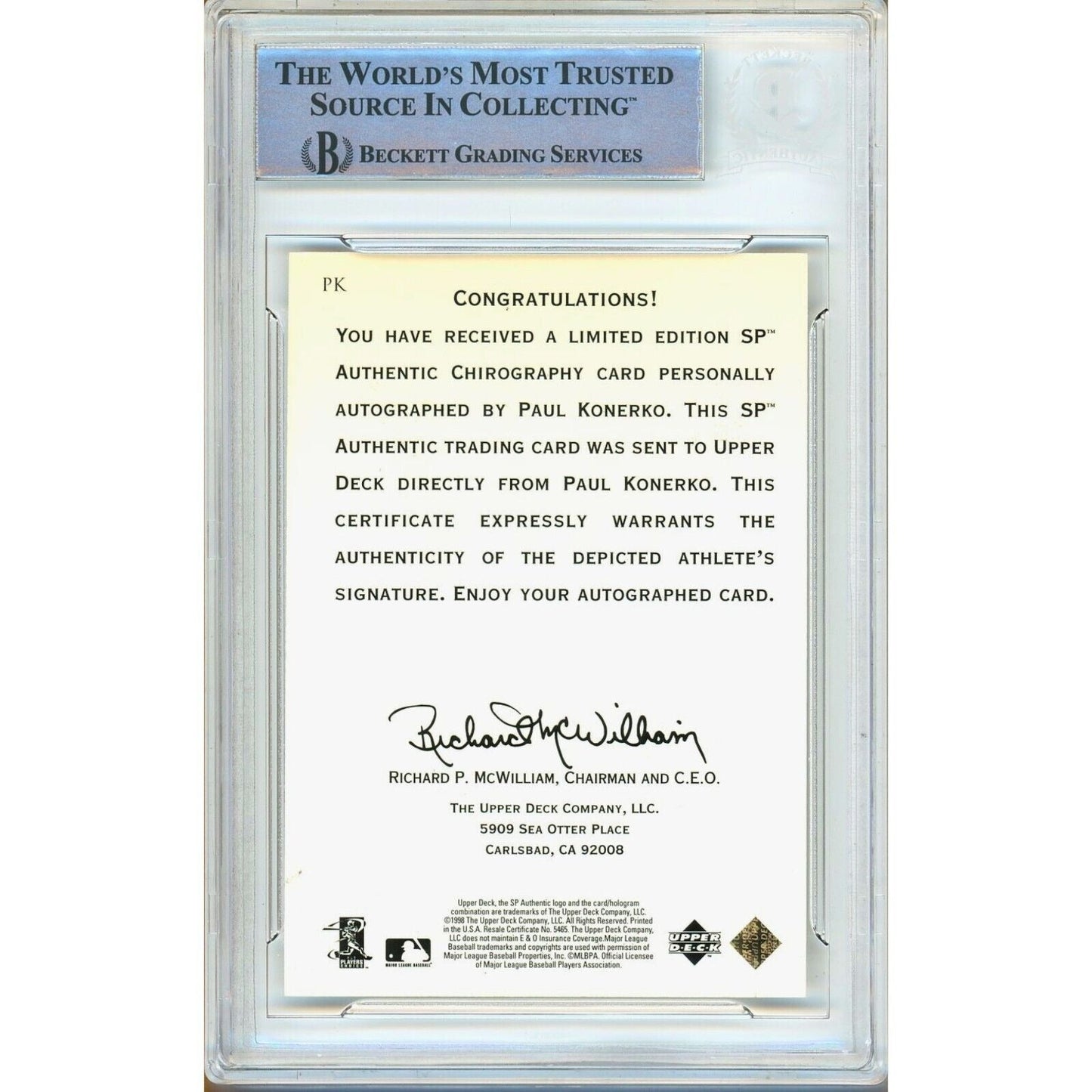 Paul Konerko LA Dodgers Signed 1998 SP Authentic Chirography Card Beckett Auth Auto Slab