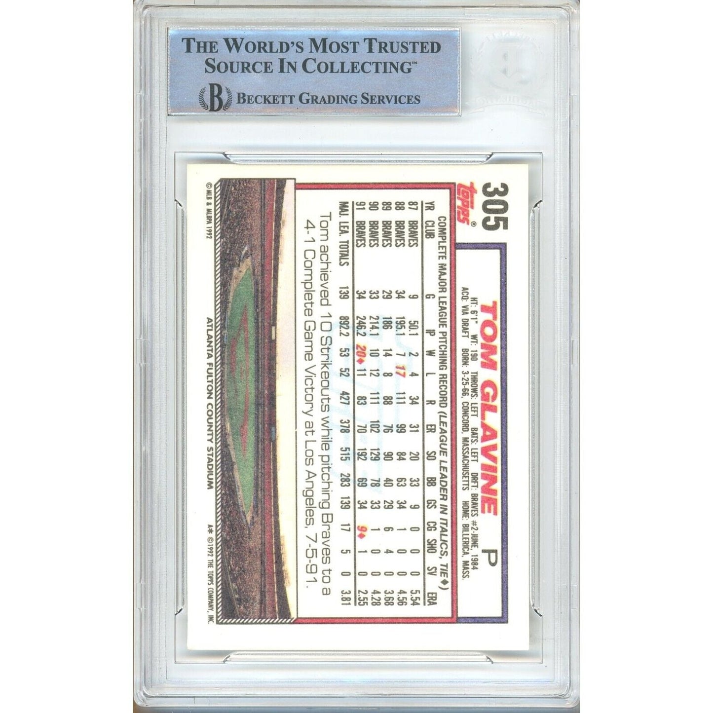 Tom Glavine Atlanta Braves Signed 1992 Topps Baseball Card Beckett Authentic Auto Slab