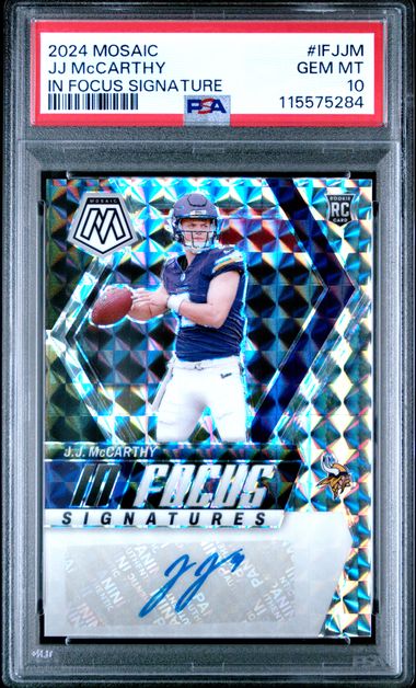 Graded 2024 Mosaic JJ McCarthy #IFJJM In Focus Signature Rookie RC Football Card PSA 10 Gem Mint