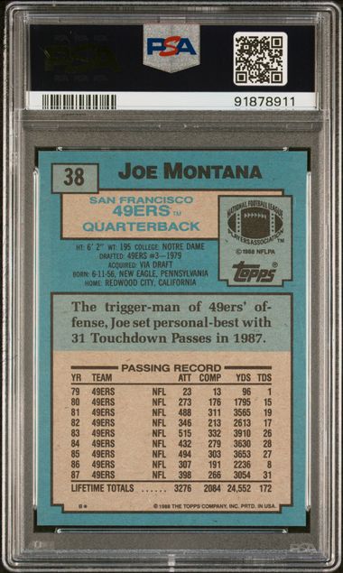 Graded 1988 Topps Joe Montana #38 Football Card PSA 10 Gem Mint