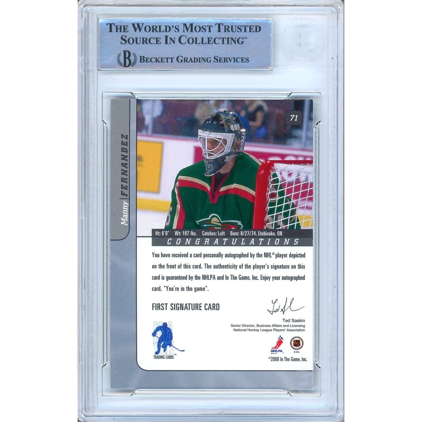 Manny Fernandez Minnesota Wild Signed 2000-01 BAP Sig Series Beckett Auth Auto Slab