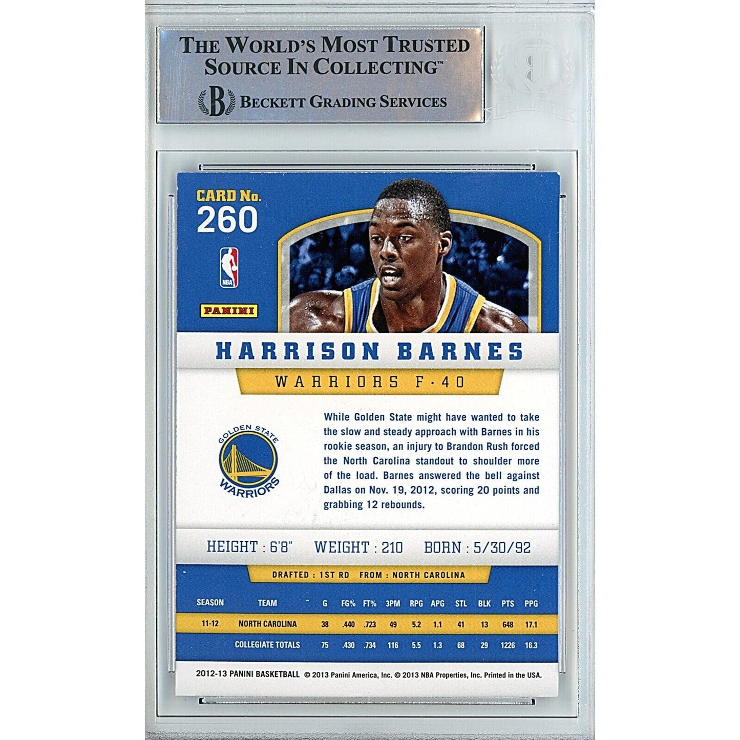 2013-14 Panini #260 — Harrison Barnes Golden State Warriors Autographed Trading Card — Beckett Authentication