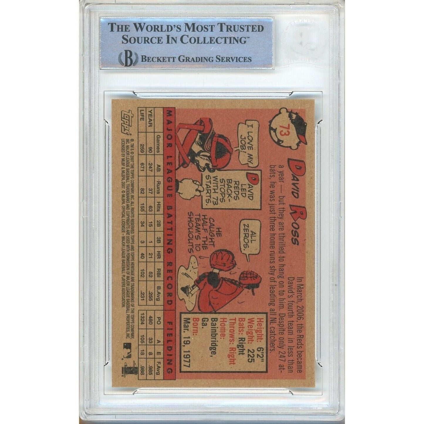 2007 Topps Heritage #73 — David Ross Cincinnati Reds Autographed Trading Card — Beckett Authentication