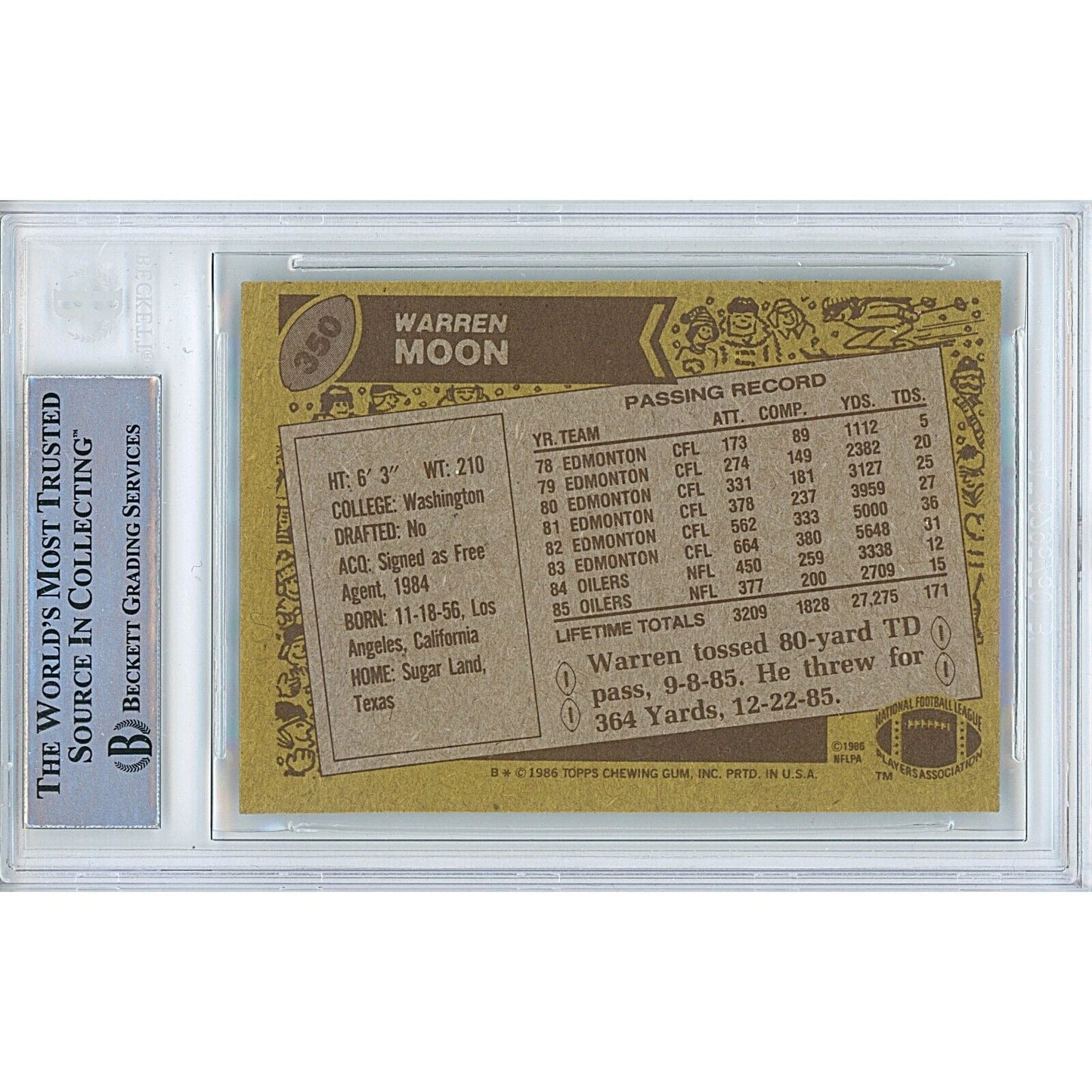 Warren Moon Houston Oilers Signed 1986 Topps Football Card Beckett Authentic Auto Slab