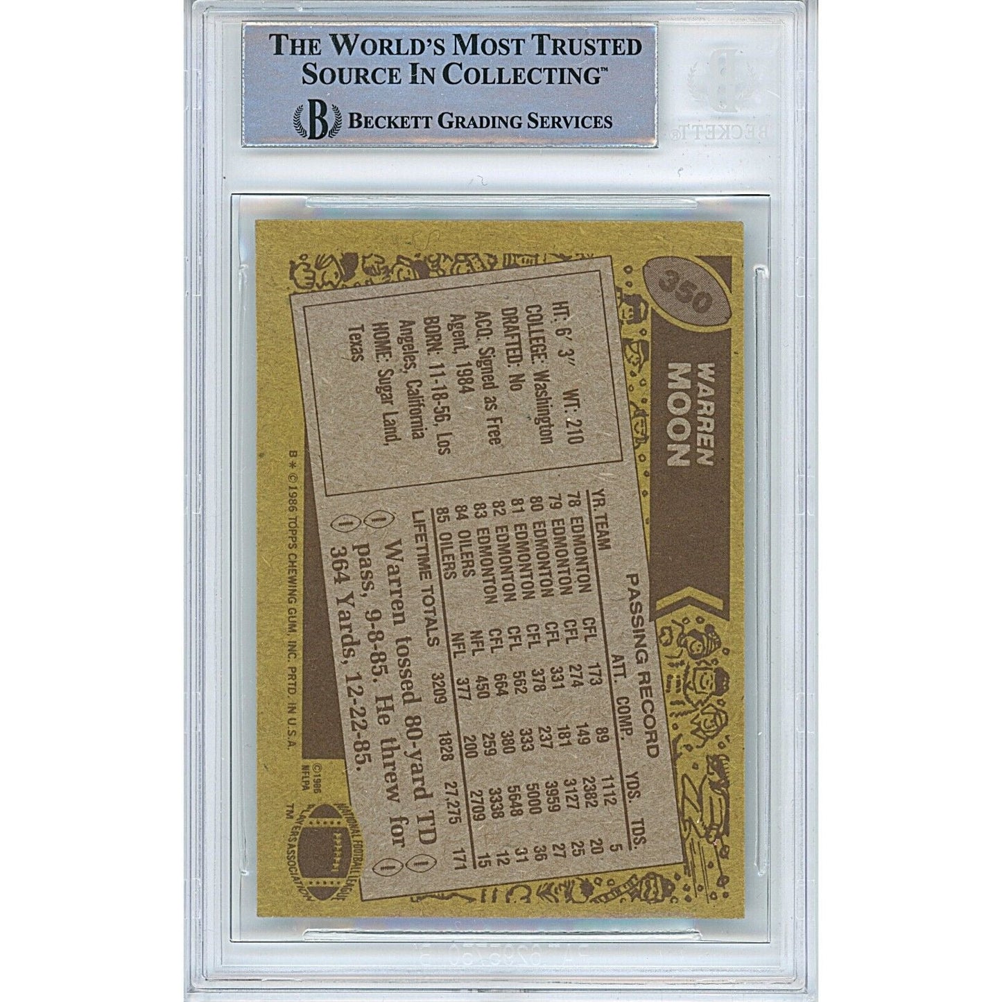 Warren Moon Houston Oilers Signed 1986 Topps Football Card Beckett Authentic Auto Slab