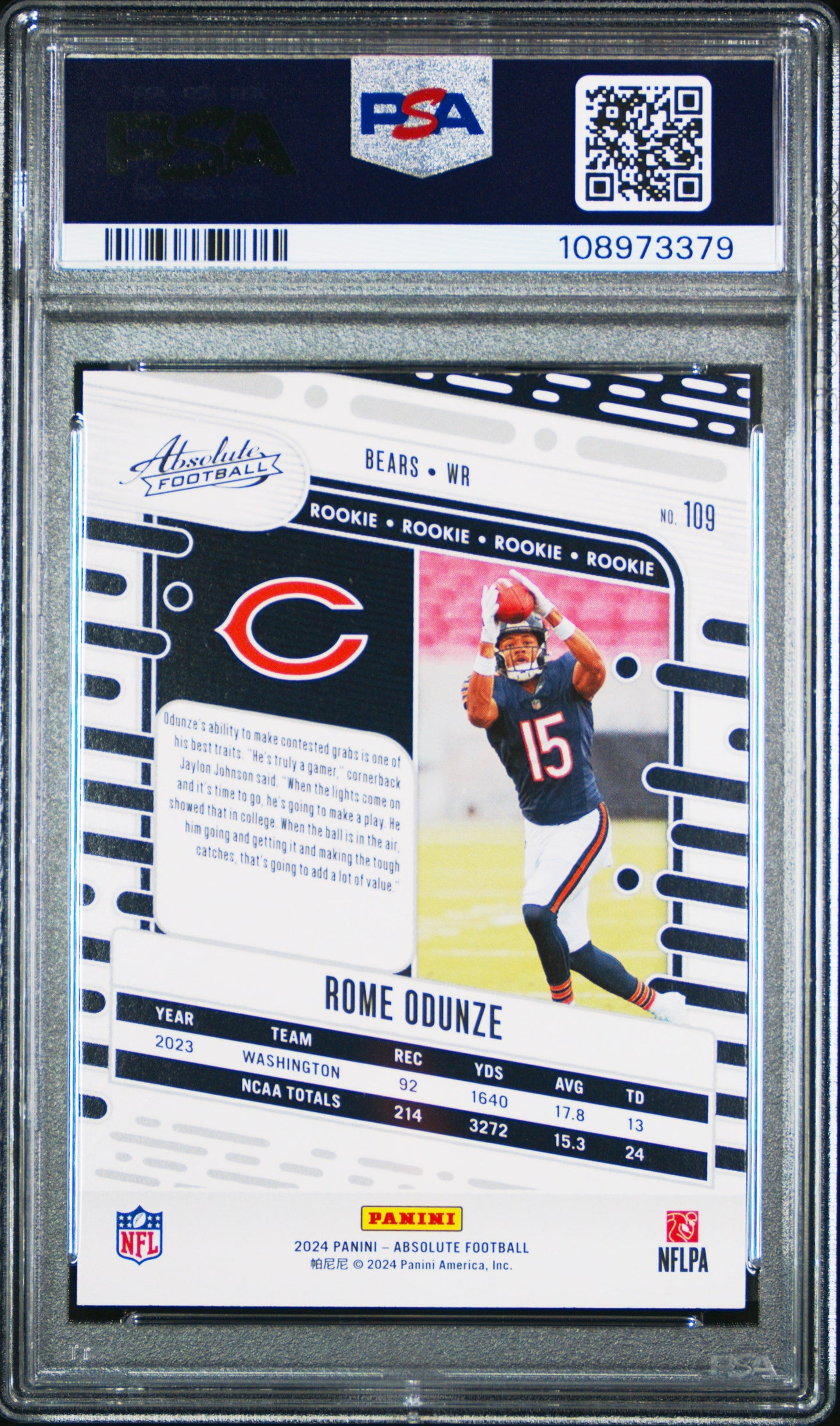 Graded 2024 Panini Absolute Rome Odunze #109 Rookie RC Football Card PSA 10 Gem Mint