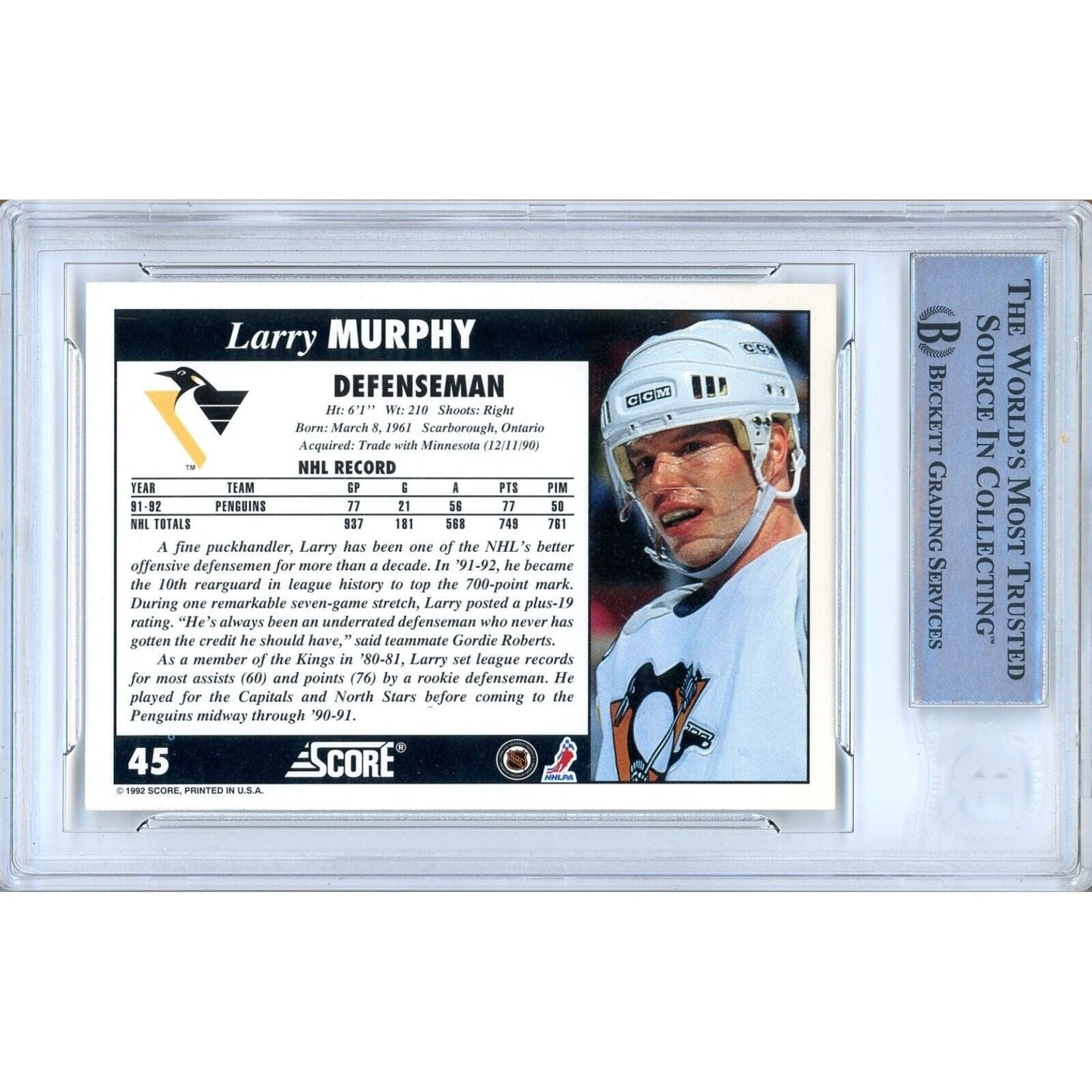 1992-93 Score #45 — Larry Murphy Pittsburgh Penguins Autographed Trading Card — Beckett Authentication