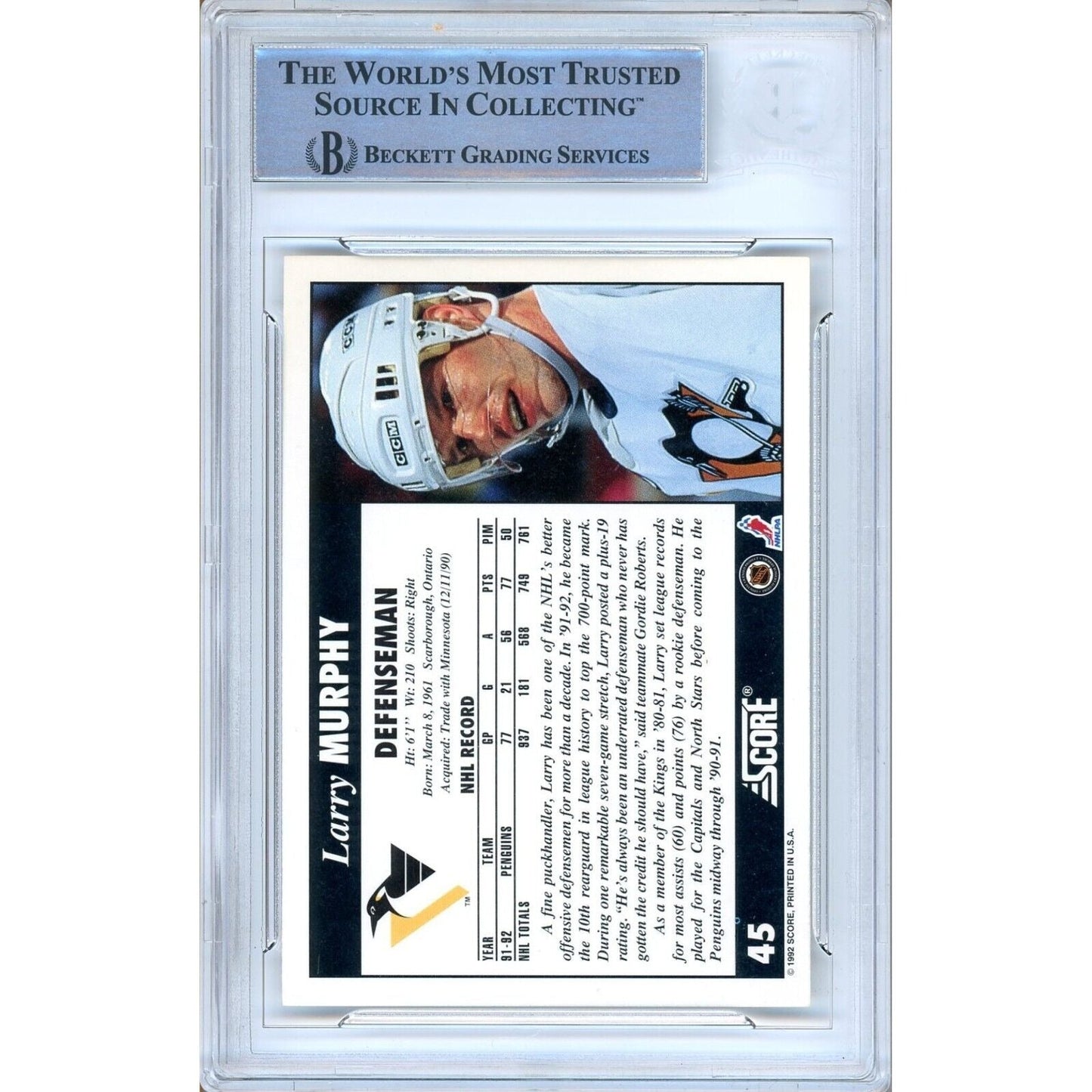 1992-93 Score #45 — Larry Murphy Pittsburgh Penguins Autographed Trading Card — Beckett Authentication