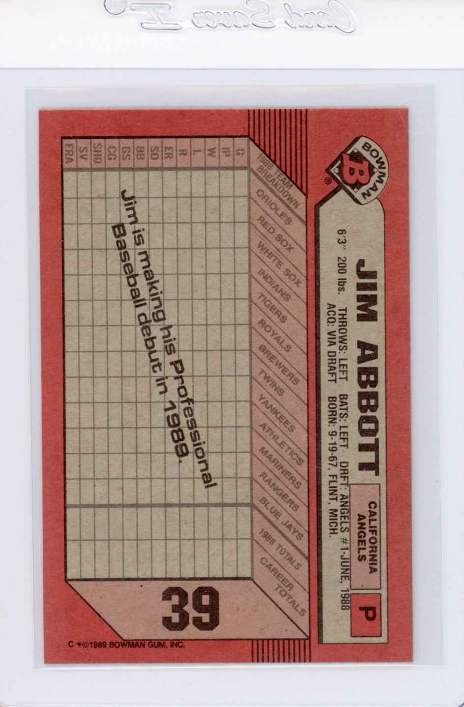 1989 Bowman #39 Jim Abbott Rookie (RC) Card