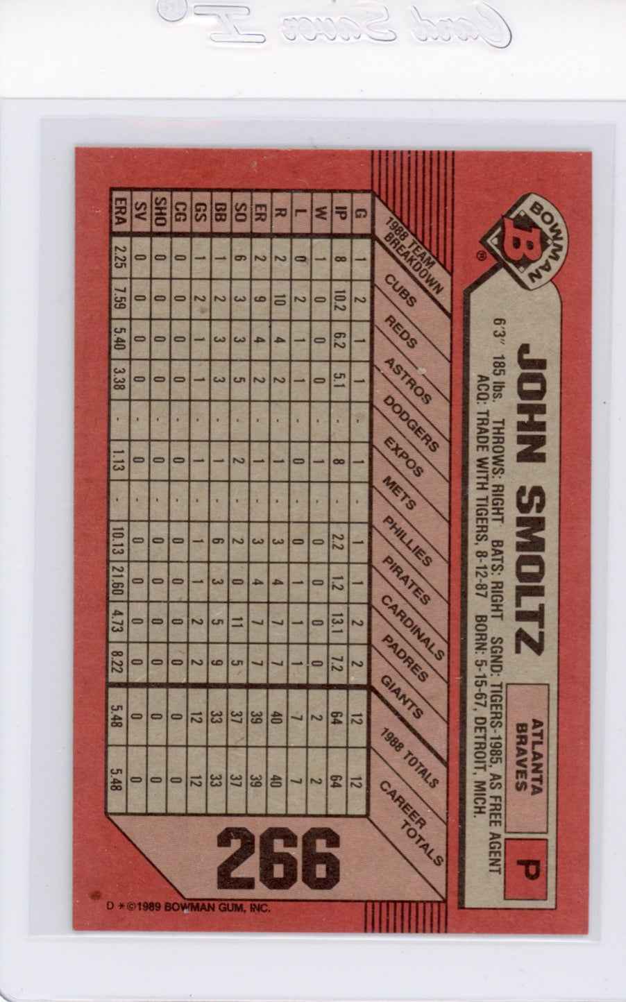 1989 Bowman #266 John Smoltz Rookie (RC) Card