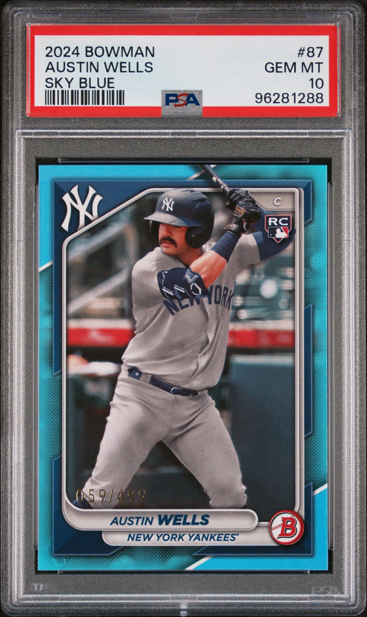 Graded 2024 Topps Bowman Austin Wells #87 Sky Blue #/499 Rookie RC Baseball Card PSA 10 Gem Mint